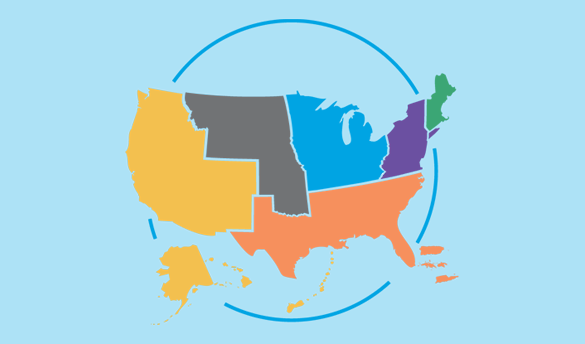 Map of the U.S. split into 6 regions. 